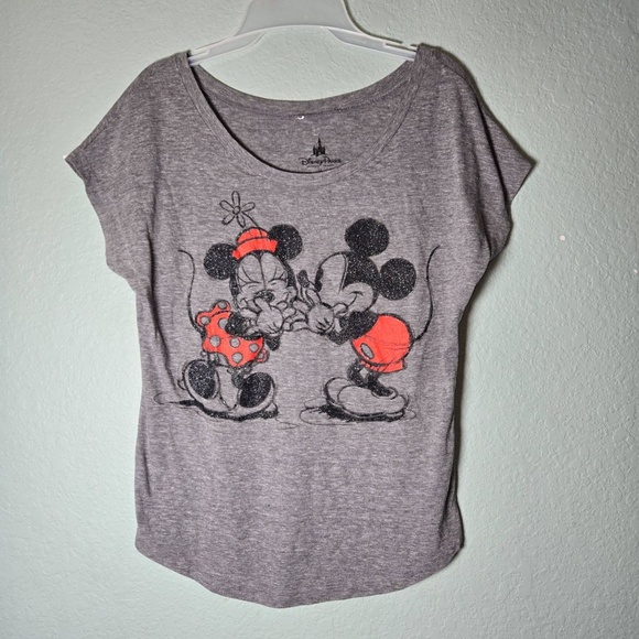 Disney Parks Tops - Disney Parks Womens M Grey Mickey Minnie Glitter Scoop Neck T-Shirt Romantic